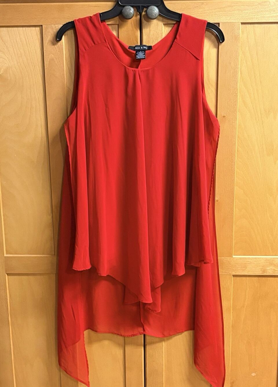 Adele & May Tunic Top Size Large Womens Red Shear w/ Lining Hi-Lo Sleeveless